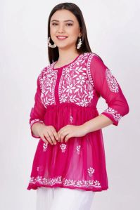 Dark Pink Georgette Chikankari Short Kurti