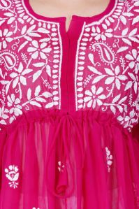 Dark Pink Georgette Chikankari Short Kurti