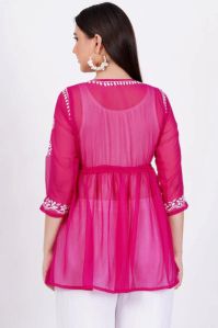 Dark Pink Georgette Chikankari Short Kurti