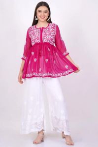 Dark Pink Georgette Chikankari Short Kurti
