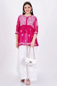 Dark Pink Georgette Chikankari Short Kurti