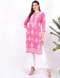 Pink Rayon Chikankari Kurti