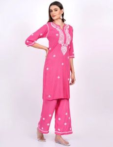 Pink Rayon Chikankari Suit Set