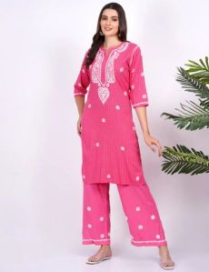 Pink Rayon Chikankari Suit Set