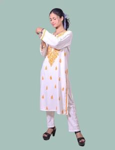White Yellow Thread Rayon Cotton Chikankari Kurta