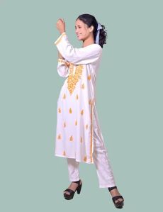 White Yellow Thread Rayon Cotton Chikankari Kurta