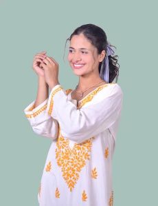 White Yellow Thread Rayon Cotton Chikankari Kurta