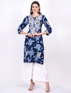 Navy Blue Printed Kurti Plazo Suit Set