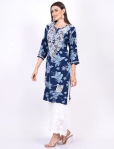 Navy Blue Printed Kurti Plazo Suit Set