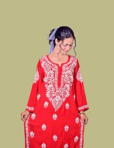 Red Modal Cotton Chikankari Kurta