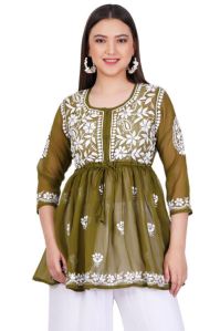 Green Georgette Chikankari Short Kurti