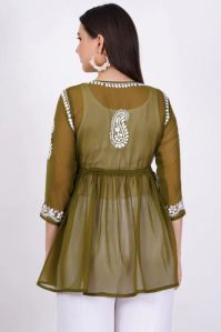 Green Georgette Chikankari Short Kurti