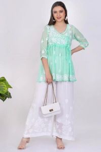 Sea Green Georgette Chikankari Short Kurti