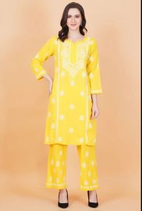 Yellow Slub Cotton Chikankari Suit Set