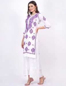 White Purple Thread Modal Cotton Chikankari Kurti