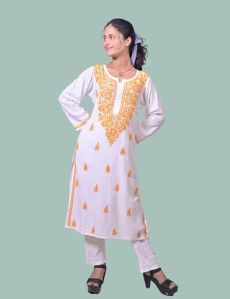 White Yellow Thread Rayon Cotton Chikankari Kurta