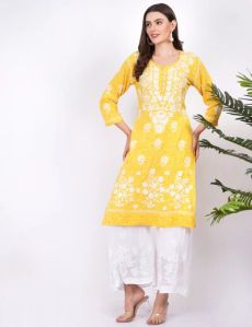 Yellow Rayon Chikankari Kurti