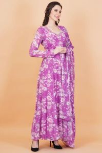 Purple Floral Printed Georgette Dress