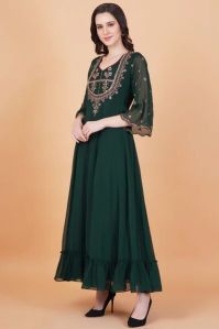Dark Green Zardosi Hand Work Full Length Dress