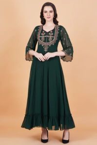 Dark Green Zardosi Hand Work Full Length Dress