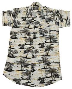 White and Yellow Half Sleeve Mens Printed Viscose Shirt