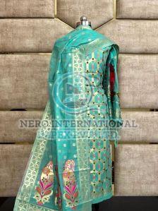 Ladies Aqua Green Handloom Pure Banarasi Suit
