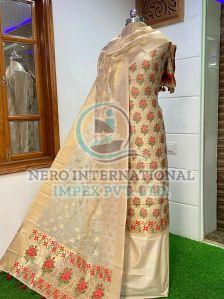 Ladies Creamy Handloom Pure Banarasi Suit