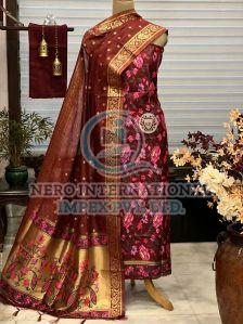 Ladies Mahroon Handloom Pure Banarasi Suit