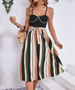 Ladies Stripe Print A Line Belted Midi Dresses