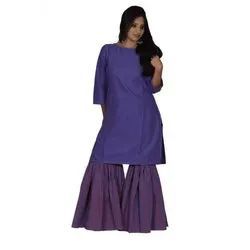 Blue Cotton Plain Sharara Suit