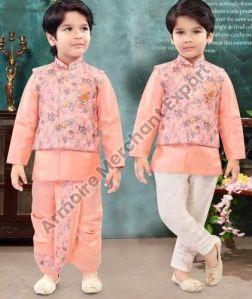 Peach Silk Kids Boys Ethnic Wear