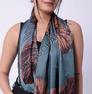 Blue Green Leaf Design Viscose Scarf