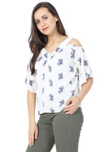 Blue Printed Cold Shoulder Top