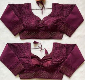 Wine Coloured Heavy Milan Silk Half Sleeves Embroidered Blouse