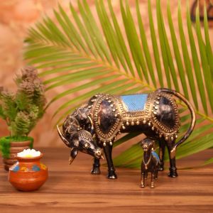 Bell Metal Cow and Calf Figurine