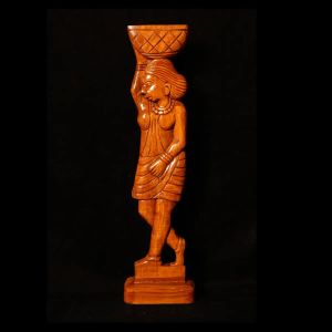 Woman Holding Basket Wooden Art