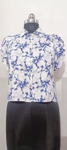 Ladies Blue Printed Front Open Top