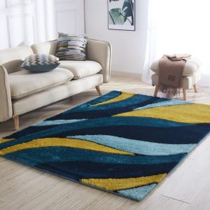 Amazing Yellow Navy Blue Soft Pile Tufted Shaggy Area Rug