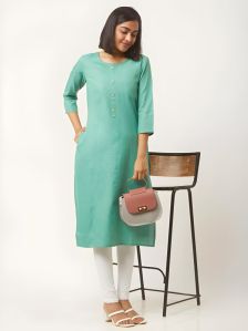 ZELZIS Women Cotton Straight Office Wear Light Green Kurtis