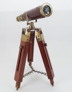 Antique Brass Leather Telescope with Stand Wooden