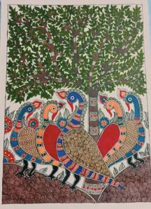 Madhubani birds tree nature painting