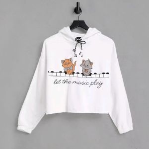 Piano Cats Printed White Crop Hoodie