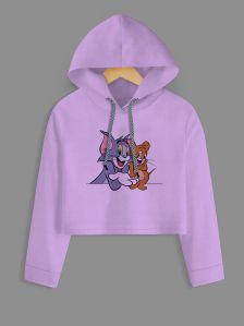 Tom & Jerry Printed Purple Crop Hoodie