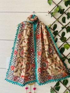 phulkari pom pom chanderi cotton stole