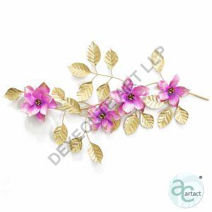 Gold Leaves and Pink Flower Branch Metal Wall Art