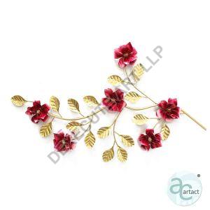 Magnetic Magnolia With Gold Leaves And Red Flower Branch Metal Wall Art