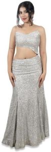 Celestial Silver Sequins Fishtail Elegance Gown for Rental