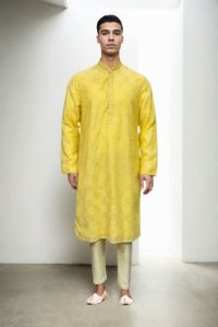 Lemon Yellow Standing Collar Kurta with Piping for Rental