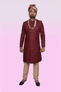 Maroon Raw Silk Sherwani with Zari and Sequins Work for Rental