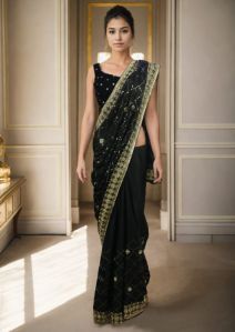 Midnight Elegance Golden Sequins Saree for Rental